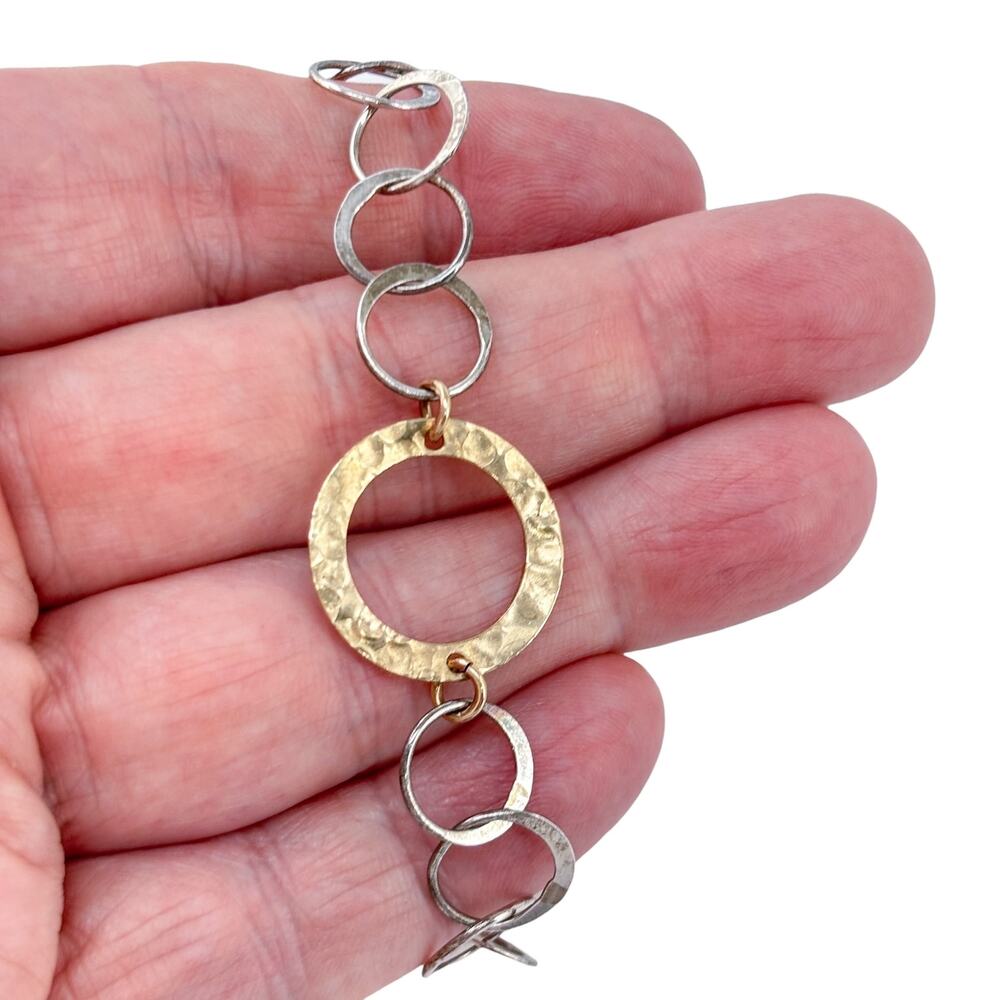 Vintage Sterling Silver 925 Gold Tone Hammered Circle Link Bracelet 7.25"